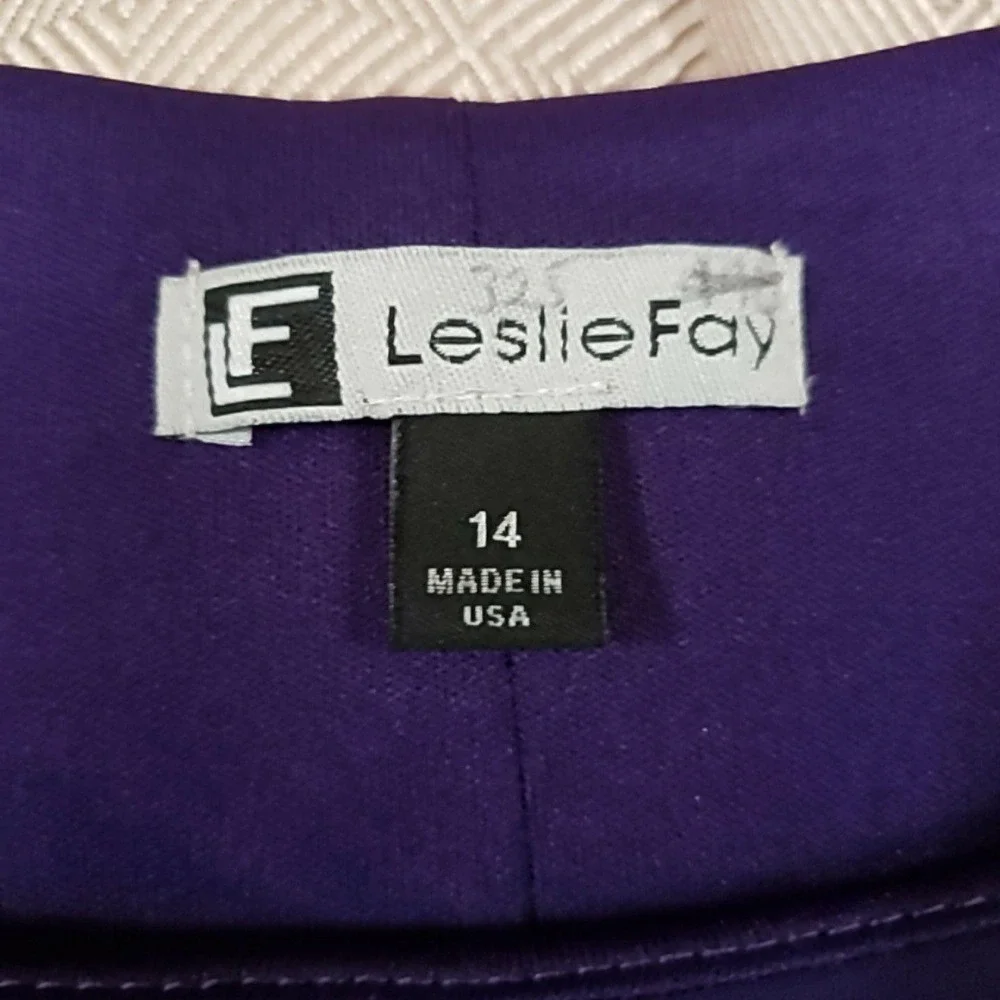 Leslie Fay Dress Womens 14 Purple Solid 3/4 Sleeve Scoop Neck Swing Knee Length